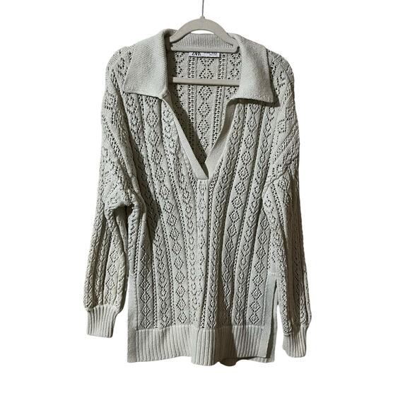 Zara Women’s Open Knit Pullover M/L White Long Sleeve Beach Layering Bohemian - Picture 1 of 10